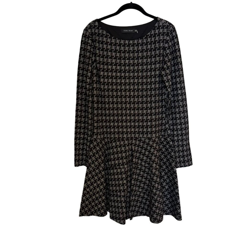 Ivanka Trump Dress Drop Waist Flare Black Grey/white Houndstooth Long Sleeve
